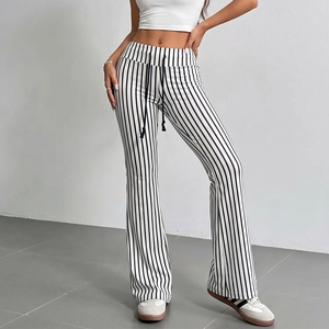Women High Waisted Striped Flare Pants Loose Fit <b>Drawstring</b> Casual <b>Trouser</b> Full Length 100% Cotton Knitted Pants Women's - Product Image 1