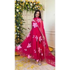 Traje Anarkali de seda de organza con estampado digital tamaño XS con parte inferior y Dupatta - Product Image 1