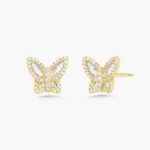 Pendientes de mariposa con diamantes, oro macizo de 14K y 18K, corte redondo y baguette, diamantes cultivados en laboratorio, diseño de insecto, pendientes delicados, precio de fábrica - Product Image 1