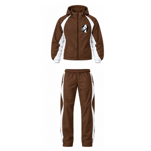 Conjunto Deportivo de Dos Piezas con Capucha en Color Marrón Chocolate y Blanco, Chaqueta con Cierre Completo y Pantalones Rectos, Ropa Deportiva Personalizada para Entrenamiento - Product Image 1