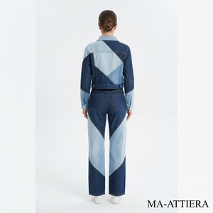 Ensemble deux pièces décontracté pour femme : veste en jean bleu patchwork et jean large assorti, style streetwear - Product Image 2