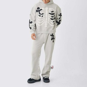 Men Gray Hooded Tracksuits <b>Full</b> Sleeve <b>Skeleton</b> Print Sweatshirts And Pant Streetwear Casual Autumn Wear 100% Cotton Breathable - Product Image 1