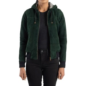 Women Emerald Green Genuine <b>Suede</b> Leather Hooded Bomber <b>Jacket</b> Slim Fit Premium Goat <b>Suede</b> Casual Winter Outerwear Fashionable - Product Image 1