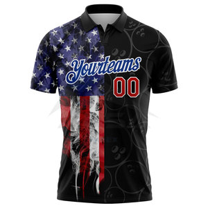 Camiseta de Polo Deportiva con Diseño 3D Personalizado en Negro y Rojo Real con Patrón de Bola de Boliche y Bandera Americana, Absorbente de Humedad - Product Image 3