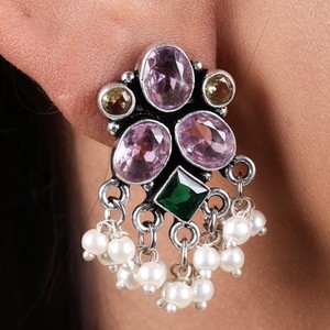 Wholesale Oxidized <b>Silver</b> Pearl <b>Earrings</b> Vintage Boho Gemstone <b>Dangle</b> <b>Earrings</b> Handmade Indian Tribal Jewelry Manufacturer - Product Image 3