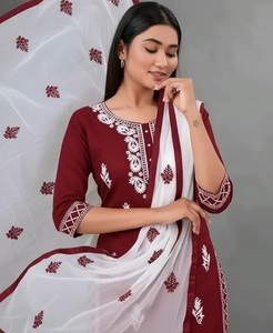Ensemble Salwar Kameez Kurta indien pakistanais en rayonne rouge brodé, robe ethnique pour femmes, tenue quotidienne et décontractée pour femmes - Product Image 1