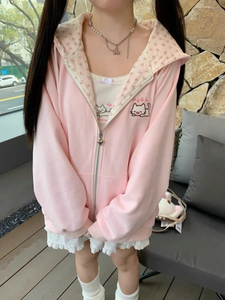 Sweat-shirts à capuche zippés pour femme, imprimé floral chat Kawaii vert, veste fine rose, vêtements de printemps et d'automne, streetwear mignon - Product Image 3