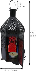 <b>Black</b> Iron <b>Lantern</b> With Colored Glass Panels And Intricate Cutout Design For Home Decoration - Product Image 3