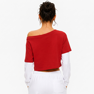 T-shirt court à épaules dénudées double couche avec imprimé strass et manches doubles, 100 % coton, coupe ample pour femme - Product Image 2