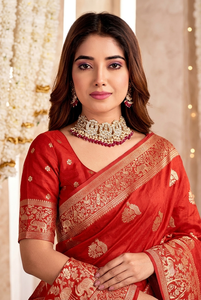Sari de Seda Roja con Bordado Dorado, Traje Tradicional Indio para Bodas, para Mujer, Largo hasta el Suelo, Corte Regular, para Todas las Estaciones, Protección Solar - Product Image 2