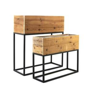Vase à plantes en bois industriel avec support carré en métal, lot de 2 pour présentation florale - Product Image 1