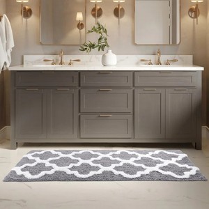 Tapis de bain rectangulaire moderne géométrique 100 % coton réversible, antidérapant, tufté, avec envers en caoutchouc, épaisseur moyenne, broderie pour - Product Image 1
