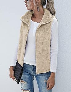 Chaleco Casual de Mujer Beige de Forro Polar Sherpa con Cremallera Completa, Cuello Alto, Cálido y Suave, Sin Mangas, Calentador Corporal, OEM - Product Image 4