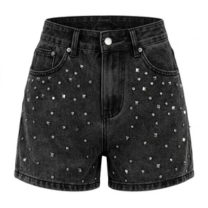 Mid Waist Black <b>Woven</b> Denim <b>Shorts</b> with Pockets Acid Wash Straight Leg Casual Summer Style - Product Image 1