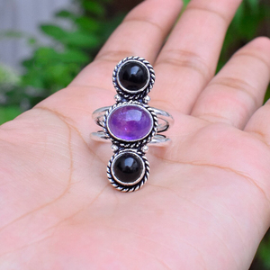 Amethyst & Black Onyx Gemstone <b>Ring</b> Handmade Boho Celestial Jewelry Natural Amethyst <b>Ring</b> <b>Statement</b> <b>Ring</b> - Product Image 1