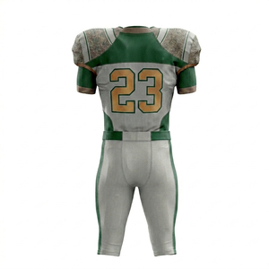 Ensemble d'uniformes de football américain pour hommes, maillot sublimé 100% polyester, pantalon rembourré, évacuation de l'humidité, col en V, gris, vert, or, personnalisé - Product Image 3