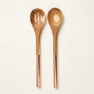 Acacia Wood Salad Server Set with Rose <b>Gold</b> Hammered Copper Handles Eco-Friendly Wooden <b>Serving</b> <b>Spoons</b> and Fork for Home - Product Image 5