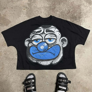 Camiseta Negra Oversize para Hombre, Manga Corta, Cuello Redondo, Estampado de Dibujos Animados, Estilo Urbano, Jersey de Algodón, Logotipo Frontal - Product Image 1
