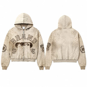 Sweat à capuche zippé vintage pour homme, 100% coton French Terry, teint en pièce, coupe oversize, logo imprimé sur le devant, style automne - Product Image 1