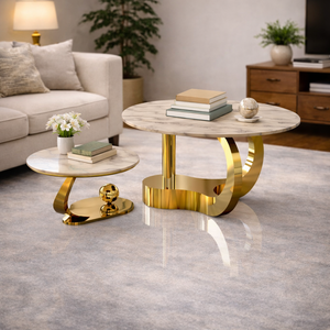 Ensemble de tables basses modernes avec plateau en marbre durable, cadre en métal doré, tables d'appoint gigognes, salon, table d'appoint contemporaine de luxe - Product Image 2
