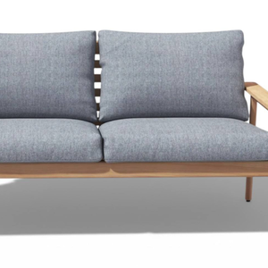 Canapé d'extérieur avec structure en teck et coussins en tissu gris, résistant aux intempéries, mobilier de jardin - Product Image 1