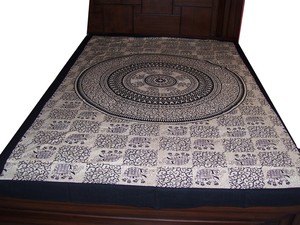 Colcha de Algodón con Mandala de Elefantes en Blanco y Negro, Tapicería Étnica con Estampado a Bloques, Cubrecama Doble, Estilo Bohemio Tradicional Indio - Product Image 2