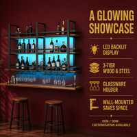 Porte-bouteilles mural avec éclairage LED, étagère à vin en métal et bois avec porte-verres pour bar à domicile, présentoir à 3 niveaux