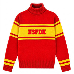 Pull à col roulé rouge et jaune NSPDK Sorority avec rayures jaunes et logo brodé, style preppy, pull d'hiver pour femmes - Product Image 1