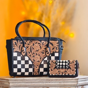 New Black & White Checkboard Pattern Florals <b>Tooling</b> Carved 100% Genuine <b>Leather</b> Waterproof Women's Tote Shopping Purse Hand Bag - Product Image 5
