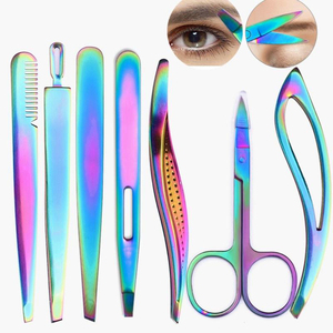 Prix de gros sur demande : Pinces à épiler sourcils pour filles en acier inoxydable à pointe inclinée, réutilisables, multicolores, avec peigne de beauté et logo personnalisé - Product Image 1