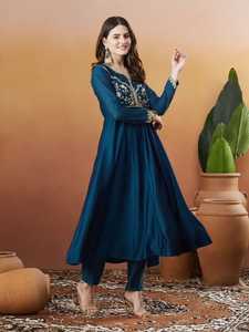 Blue Embroidered Silk Anarkali <b>Kurta</b> Pant Set <b>Women</b> Salwar Kameez Suit with Dupatta Traditional Casual - Product Image 3