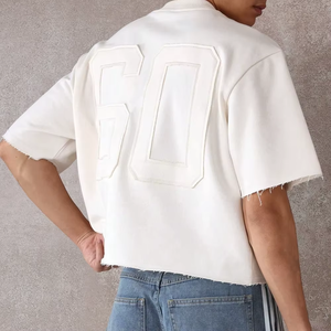 T-shirt en coton gris surdimensionné pour homme avec numéro 60 brodé à la main, style Back Street, manches courtes, col rond, tricoté - Product Image 2