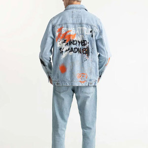 Men's Light Blue <b>Denim</b> <b>Jacket</b> Streetwear Turn-down Collar Single Breasted Printed Patch Design Regular Fit Spring Wear - Product Image 3