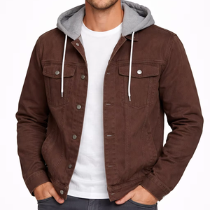 Veste en jean marron à capuche pour homme de qualité supérieure, style décontracté d'inspiration vintage avec doublure douce grise, lisse et durable - Product Image 1