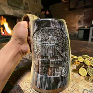 Handcarved Viking Ship Drinking Horn Mug Ox Horn Cup with Wooden Base for Display and Use At <b>Cheap</b> Price - Product Image 5