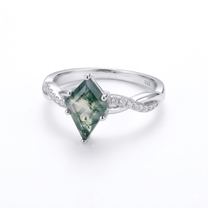 Handmade Kite Shaped <b>Moss</b> <b>Agate</b> CZ <b>Ring</b> Solid Sterling Silver Platinum Rhodium Plated Vintage Green Engagement Wedding Trendy - Product Image 1