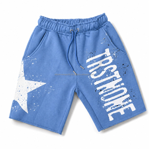 Shorts Bermuda en coton gris pour homme avec imprimé étoiles et texte, taille à cordon de serrage, style décontracté - Product Image 6