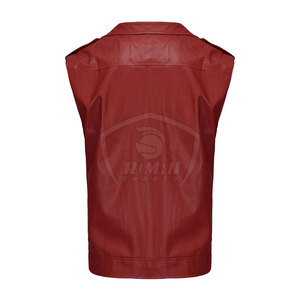 Men's <b>Red</b> PU Leather Moto Vest With Zipper And <b>Belt</b> Regular Fit Solid Color Biker Style Outerwear - Product Image 2