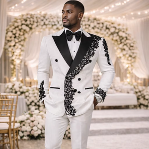 Chaqueta de esmoquin de diseñador para hombre, blanca y negra, de doble botonadura, bordada, con solapa en contraste, para novio y fiesta - Product Image 1
