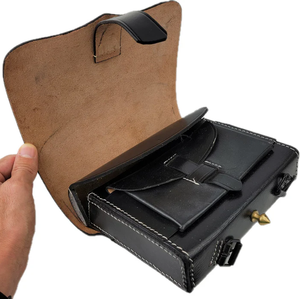Vintage Style <b>Black</b> Leather Pouch Handcrafted Historical Reenactment Gear & Decorative Storage Case with Brass Detail - Product Image 4