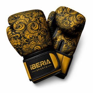 Iberia Sports Boxing Gloves <b>Black</b> Gold Pattern PU Leather <b>Velcro</b> Closure Breathable for Adults Training and Fighting - Product Image 1