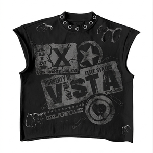 100% cotton T-shirt <b>for</b> <b>men</b> loose fit 260 GSM Heavyweight Cotton Sleeveless Black T Shirt Acid Wash <b>Stud</b> Detail Screen Print Log - Product Image 5