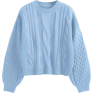 <b>Men's</b> Light Blue <b>Cable</b> <b>Knit</b> Sweater Pullover Crew Neck Lantern Sleeve Thick Autumn Knitted Jumper - Product Image 1