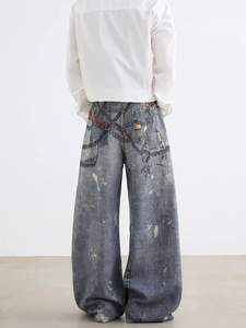 Jeans de mezclilla con estampado 3D de High Street, de pierna ancha y corte recto, estilo vintage, para hombre - Product Image 2