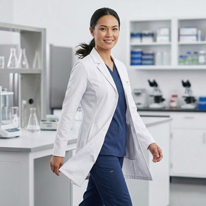 Blouse de laboratoire médicale pour femme, longue, en polyester et élasthanne – Uniforme pour médecin, infirmière, hôpital, tenue de travail coupe classique - Product Image 2