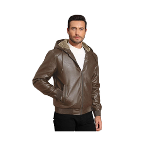 Nueva chaqueta de moto con capucha de cuero genuino para hombre, impermeable, a prueba de viento, informal, con cremallera y forro de Sherpa - Product Image 4