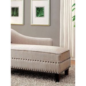 Chaise longue contemporanea in tessuto beige effetto lino con finiture a borchie per soggiorno moderno, include cuscino per panca - Product Image 3