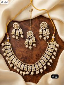 Premium <b>Silver</b> Tone Pearl Drop Bridal <b>Choker</b> Necklace Set with Earrings and Maang Tikka Elegant Wedding Party Jewelry Set - Product Image 2