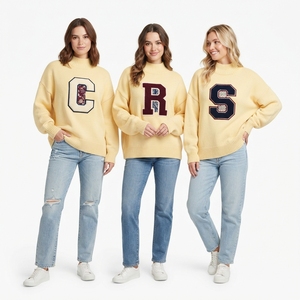 Women's Oversized <b>Turtleneck</b> Knit <b>Sweater</b> With Embroidered Letter Front Drop-Shoulder Long Sleeve Autumn Casual Wear - Product Image 1