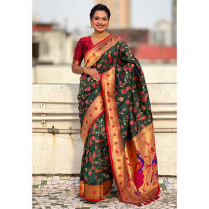 Vestidos de Noche Elite Weaves, Sari Tejido en Seda Paithani Jaal Verde Botella con Zari - Product Image 5